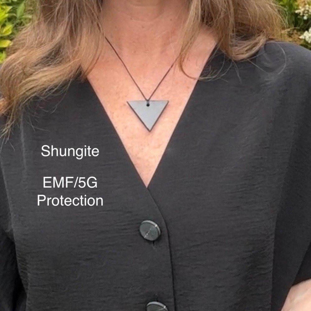 Authentic shungite triangle pendant necklace sourced from Karelia, Russia.